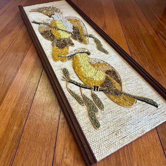 Vintage Burlap Wall Art with Birds – Mid Century Textured Wall Hanging - Picture 7 of 15